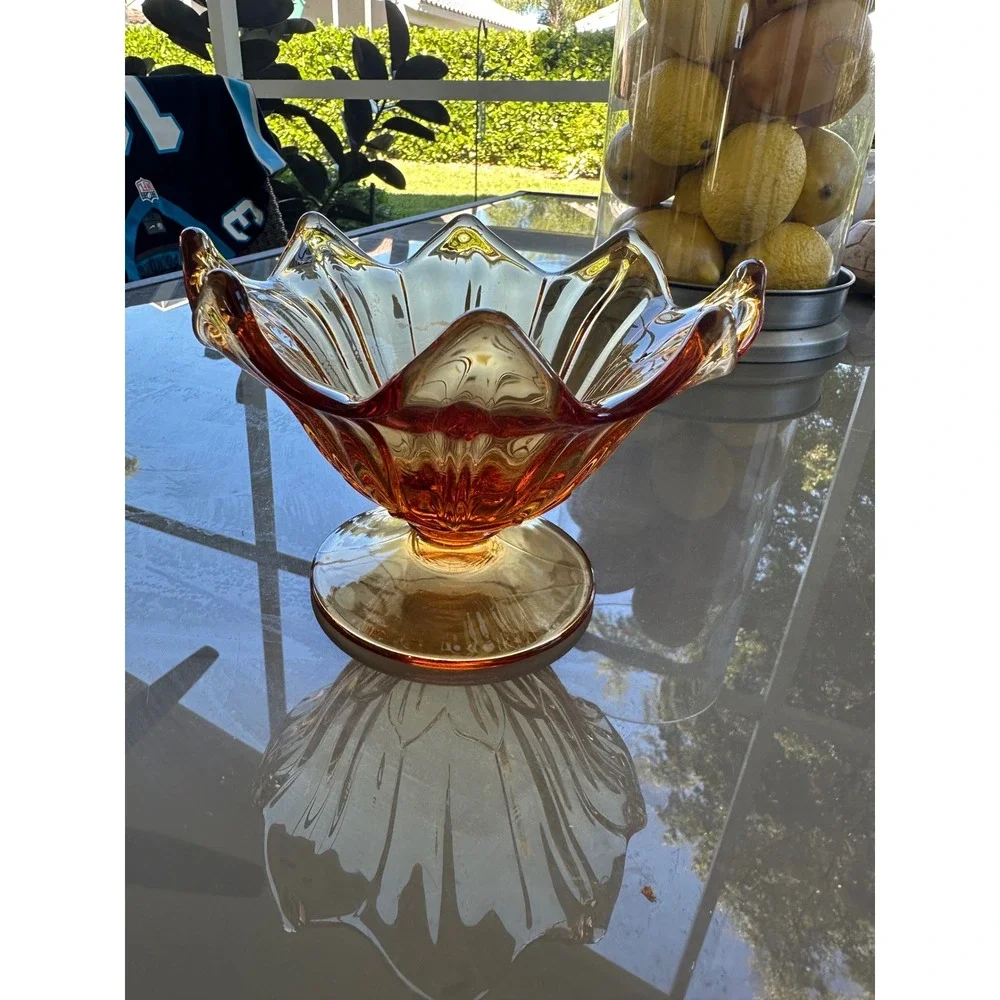 Amber Glass Pedestal Bowl Fluted Scalloped Edge Vintage Art Glass Candy Dish EUC